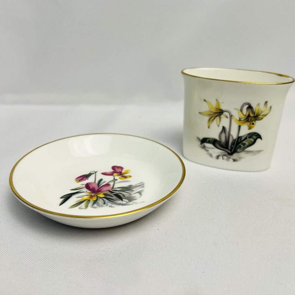 Royal Worcester Vintage Porcelain 2 pcs. Multi Floral Motif Gold Trim Vanity Set